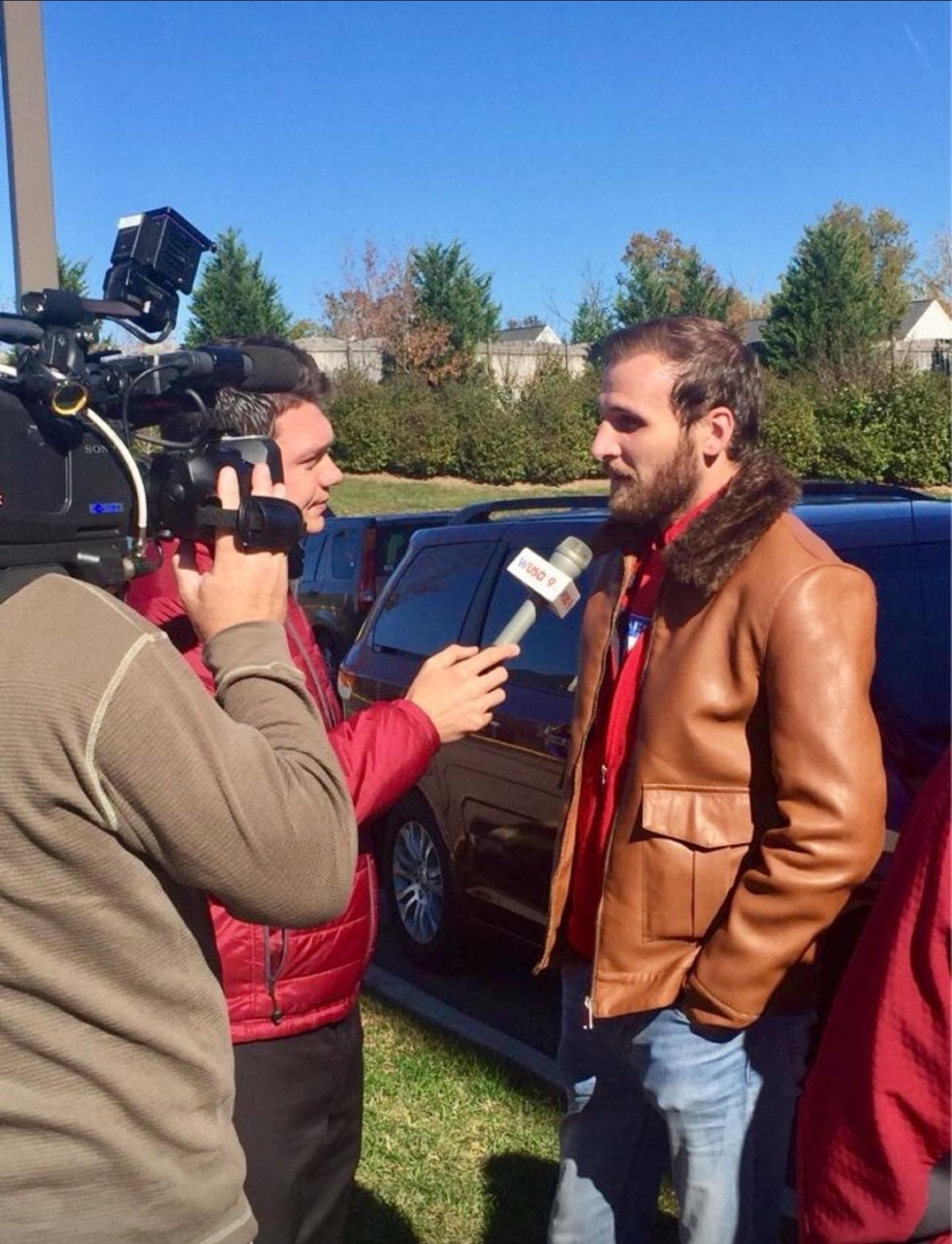 Randy Bryan Moore giving a television interview about Social Security policy