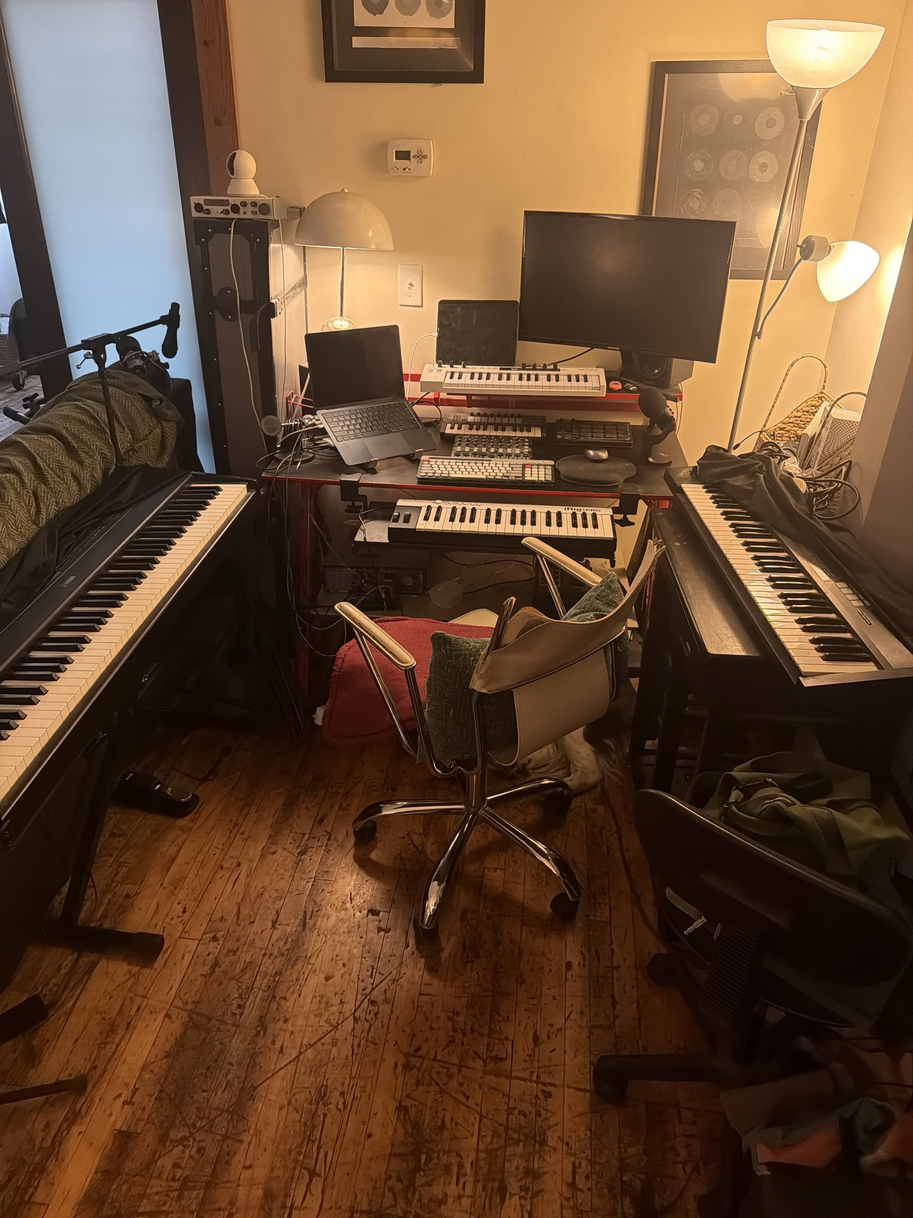 Keyboards, computer, and recording equipment in Randy Bryan Moore’s home studio