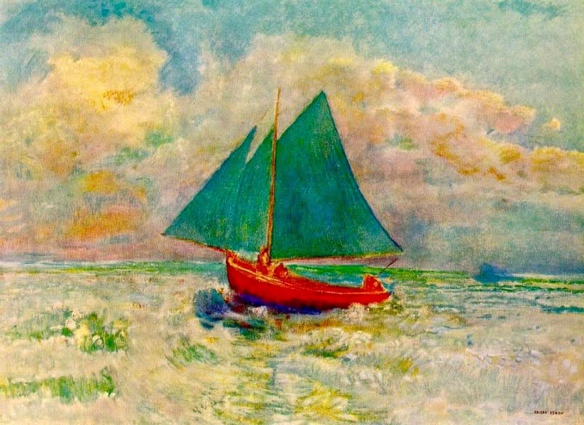Red sailboat on luminous water in a painting by Odilon Redon
